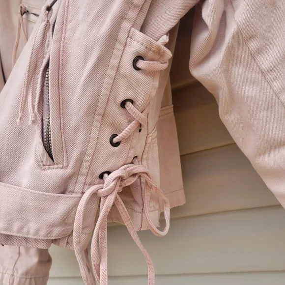 Free People Lace Up Motorcycle Jacket size Small Color Rose Oversized - Picture 9 of 13